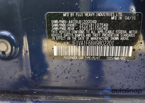 2017 Subaru Wrx Premium из США, поврежденный, VIN JF1VA1F66H9802201